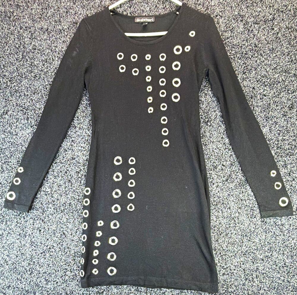 Derek Heart Women’s Black Scoop Neck Long Sleeve Bodycon Mini Grommet Dress M